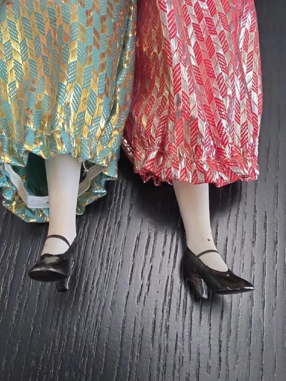 Porcelain Clown Doll in Pink, Green and Gold Harlequin Costume